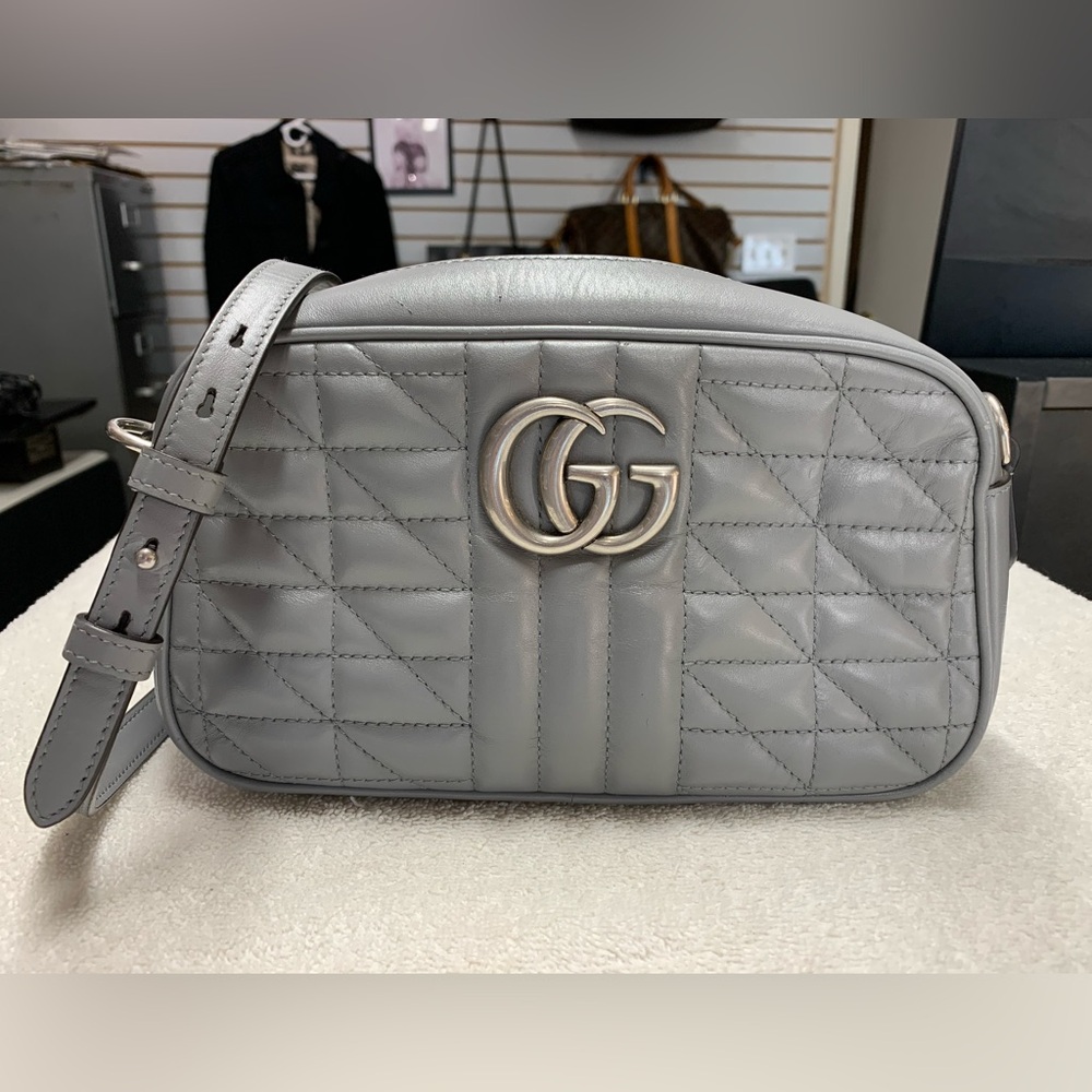 Gucci Matelasse Small GG Marmont Gray Leather Shoulder Bag